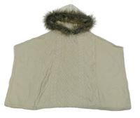 Smetanové vzorované pletené pončo s kapucí s kožešinou GAP