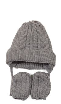 2 set - šedá vzorovaná pletená čepice s bambulí + rukavice Primark