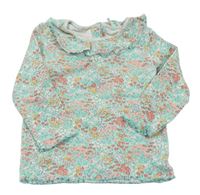 Mátové květované žebrované triko s límečkem Matalan