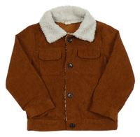 Hnědá žebrovaná sametová košilová bunda s chlupatým límcem Shein