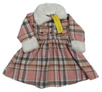 Nové - Růžovo-bílo-šedé kostkované šaty s kožešinovými prvky Shein