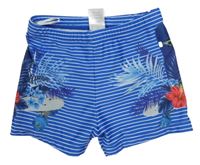 Modro-bílé pruhované nohavičkové plavky s listy a skateboardy 