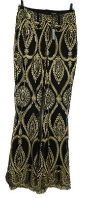 Nové - Dámské černo-zlaté vyšívané tylové kalhoty Boohoo 