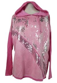 Dámská fuchsiovo-růžovo-stříbrná volná mikina s flitry a kapucí 