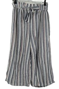Dámské tmavomodro-bílo-růžové pruhované culottes lněné kalhoty s páskem C&A