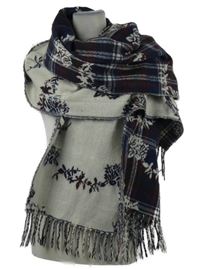 Dámská modro-bílo-červená vzorovaná šála s třásněmi 