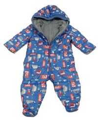 Modrá šusťáková zimní kombinéza s auty a kapucí Mothercare