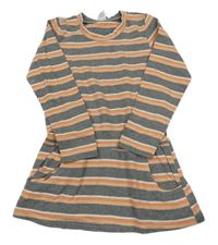 Šedo-oranžovo-bílé pruhované bavlněné šaty 