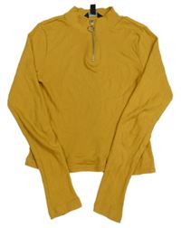 Hořčicové žebrované crop triko se zipem New Look
