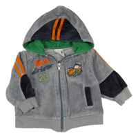 Šedá sametová propínací mikina s autem a kapucí 