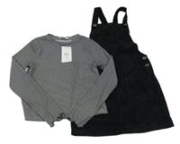 Nové - 2 set - Černé manšestrové laclové šaty + pruhované crop triko Primark