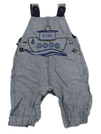 Tmavomodro-bílé pruhované plátěné laclové kalhoty s lodí St. Bernard