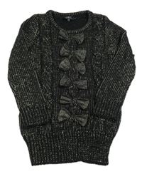 Černo-zlatý melírovaný dlouhý svetr s mašlemi 