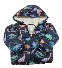 Tmavomodrá šusťáková zimní bunda s dinosaury a kapucí M&S