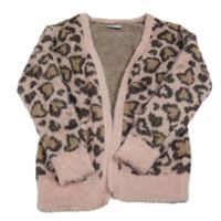 Růžovo-černo-hnědý svetrový chlupatý cardigan s leopardím vzorem Matalan