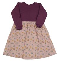 Švestkovo-světlerůžové teplákovo/bavlněné šaty s duhami ALANA