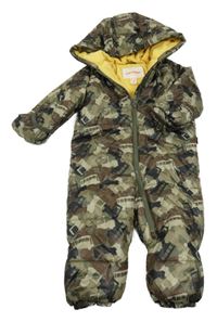 Khaki-hnědá vzorovaná šusťáková zimní kombinéza s kapucí 