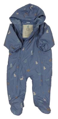 Modrošedá šusťáková zateplená kombinéza s dinosaury a kapucí Next