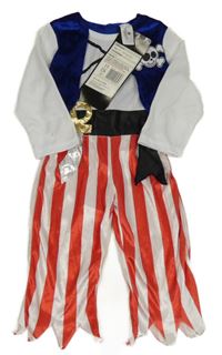 Nové - Kostým - Bílo-tmavomodro-červený overal s lebkou - pirát 