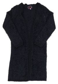 Tmavomodrý chlupatý svetrový dlouhý cardigan Pocopiano