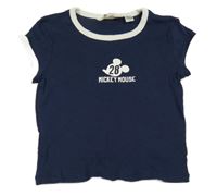 Tmavomodré žebrované crop tričko s Mickeym a nápisem H&M