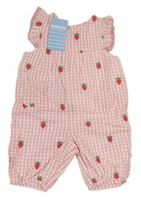 Růžovo-bílý kostkovaný krepový kraťasový overal s jahůdkami a volánky Jojo Maman Bébé