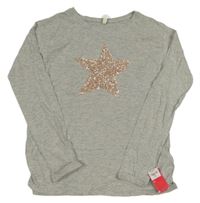 Nové - šedé melírované triko s hvězdou z flitrů YD