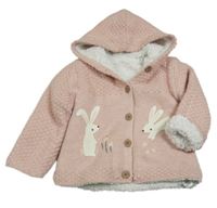 Pudrový propínací zateplený svetr s králíčky a třpytkami a kapucí Nutmeg