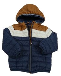 Tmavomodro-bílo-hnědá prošívaná šusťáková zimní bunda s nášivkou a kapucí C&A