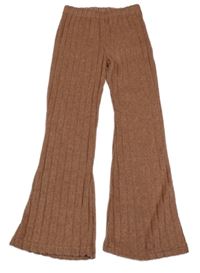 Pudrovo-šedé melírované žebrované flare úpletové kalhoty