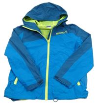 Modro-petrolejová šusťáková jarní bunda s nápisem a kapucí YIGGA