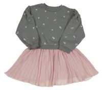Šedo-růžové teplákovo/plisované šaty s kytičkami PRIMARK