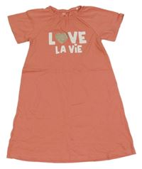 Lososové šaty s nápisy a srdíčkem Vertbaudet