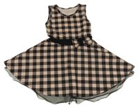 Černo-pudrové károvano/kostkované šaty s mašlí a tylovým volánkem