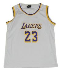 Bílo-tmavožluto/fialové sportovní basketbalové tílko s číslem 