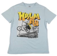 Světlemodré tričko s kolem a graffiti nápisy C&A