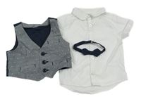 3Set - Tmavomodro-bílá vzorovaná slavnostní vesta + motýlek + bílá košile PRIMARK