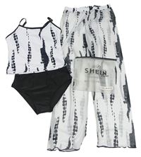 3set - Bílo-černé tankini + vzorované síťované plážové kalhoty Shein