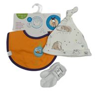 3set - Smetanová bavlněná čepice s medvědy + oranžový slinták s ptáčkem + bílé ponožky