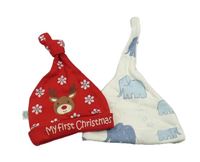 2x bavlněná čepice - smetanová se slony + červená se sobem a vločkami