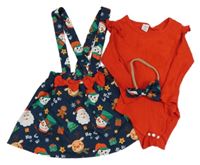 3set - Tmavomodrá sukně s vánočním motivem a kšandami + červené žebrované body s volánky + čelenka Shein