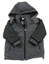 Tmavošedo-černá šusťákovo/koženková zimní bunda s kapucí Topolino