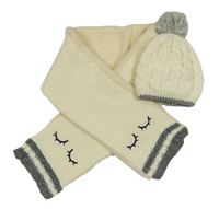 2set - Smetanová pletená čepice s bambulí + šála s očima Lupilu