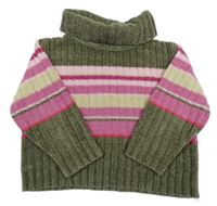 Khaki-růžovo-béžový žebrovaný svetrový rolák s pruhy C&A