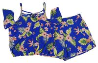 2set - Safírové květované crop tričko + lehké kraťasy New Look