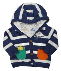 Modro-bílý pruhovaný propínací svetr s výšivkami a kapucí Mothercare