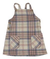 Béžovo-růžovo-šedé kostkované vlněné laclové šaty Primark