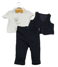 Nové - 3 set - tmavomodré společenské kalhoty + bílá košile s motýlkem + společenská vesta Primark
