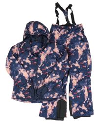 2 set - tmavomodro-růžová šusťáková funkční lyžařská bunda + oteplovačky s kšandami Crivit