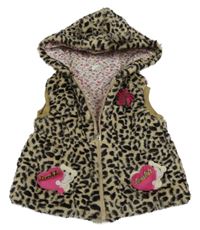 Béžovo-hnědá vzorovaná leopardí chlupatá podšitá vesta s kapucí 